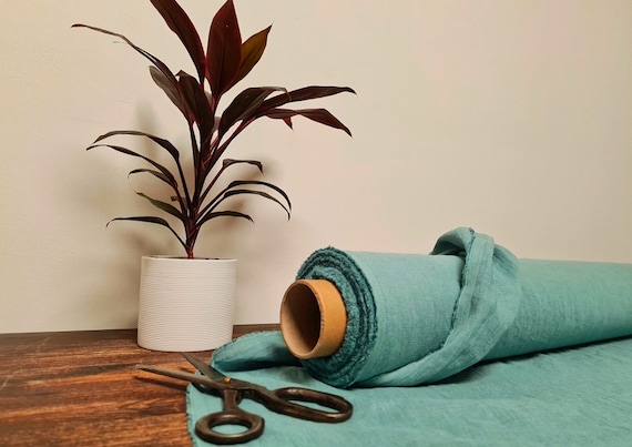 Linen fabric caribbean blue, Fabric by the yard or meter, Softened pre washed flax fabric