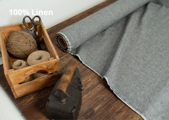 lack and White Houndstooth Linen Fabric by Yard or Meter – Mini Pattern, 190 g/m2 (5.6 oz/yd2), 100% Linen, OEKO-TEX Certified, for Clothing