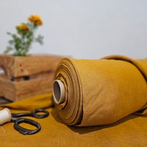 Linen fabric EXTRA WIDE golden yellow, 112 inches or 285 meter wide fabric, Bedding and curtain linen fabric