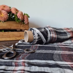 Linen thin gauze black checked fabric, Cheesecloth linen fabric, Fabric by the yard or meter
