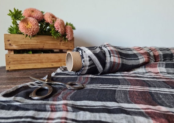 Linen thin gauze black checked fabric, Cheesecloth linen fabric, Fabric by the yard or meter