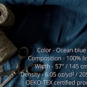 Linen fabric ocean blue, Washed softened flax fabrics, Fabric by the yard or meter image 2