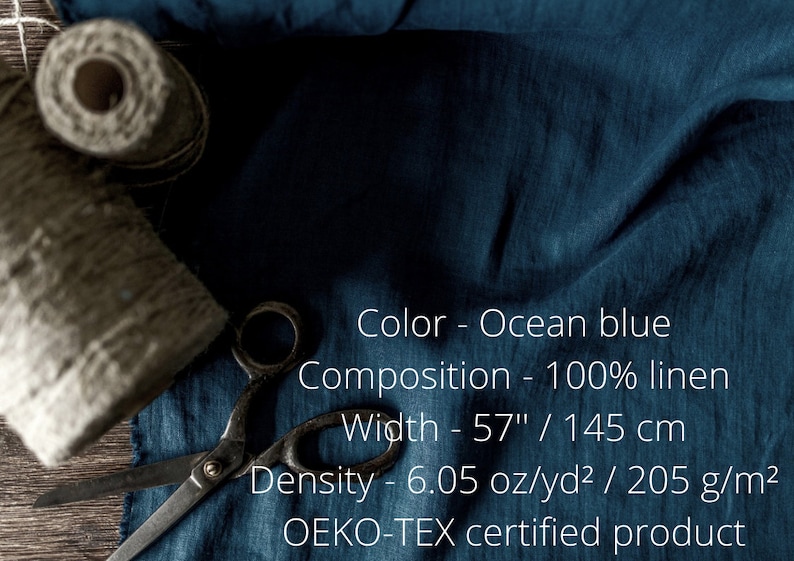 Linen fabric ocean blue, Washed softened flax fabrics, Fabric by the yard or meter image 2