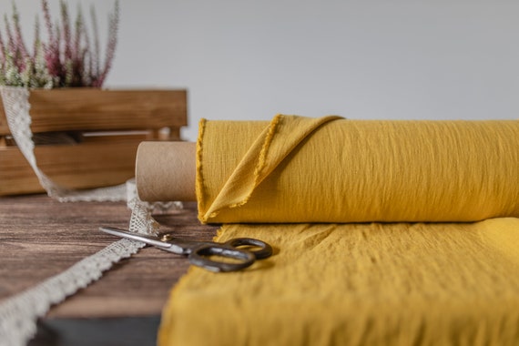 Linen fabric Mustard yellow, Softened Washed flax fabrics, Fabric by the yard or meter