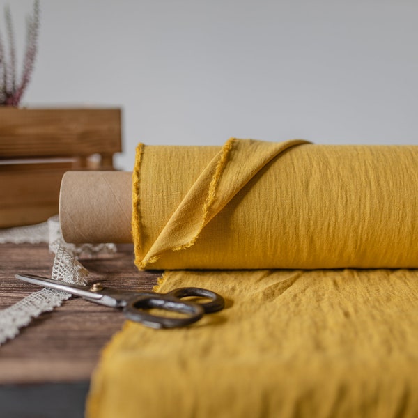 Linen fabric Mustard yellow, Softened Washed flax fabrics, Fabric by the yard or meter