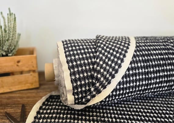 Waffle linen and cotton blend fabric black and white, Fabric by the yard or meter, Washed softened blend fabric