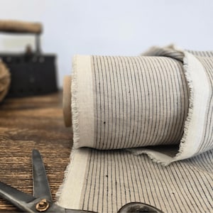 natural with brown stripe  linen blend fabric texture,  linen material for curtains and clothing, 145 cm wide (57 inches), medium weight, sold by length from 0.5 m or 0.5 yard