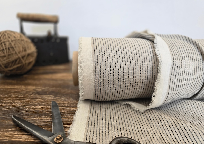 natural with brown stripe  linen blend fabric texture,  linen material for curtains and clothing, 145 cm wide (57 inches), medium weight, sold by length from 0.5 m or 0.5 yard