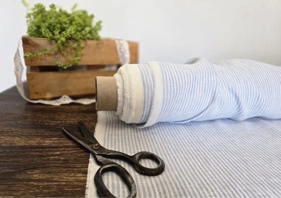 Linen fabric milk white with light blue stripes, Natural linen lightweight fabric by the yard or meter, Striped flax fabrics