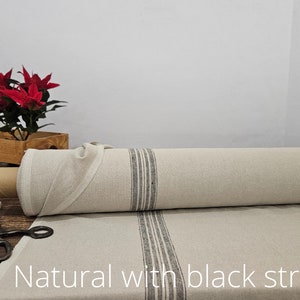 Tejido de lino pesado natural con rayas negras, Tejido de lino natural cortado a medida o metro, Lino orgánico lavado Natural with black