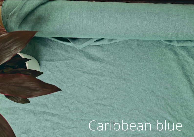 Teal blue green linen fabric, Emerald linen fabric, Fabric by the yard or meter Caribbean Blue