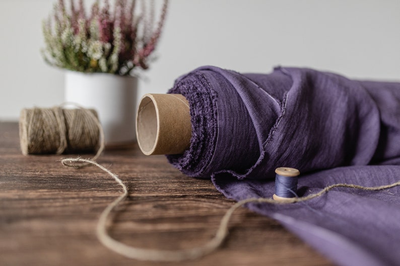 Linen fabric plum purple, Washed softened flax fabrics, Fabric by the yard or meter image 3