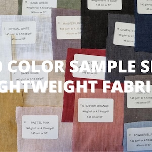 May include: A collection of 20 lightweight fabric swatches in various colors, including white, pink, and blue. Each swatch has a label with the color name and fabric details. The text "20 COLOR SAMPLE SET LIGHTWEIGHT FABRICS" is displayed.