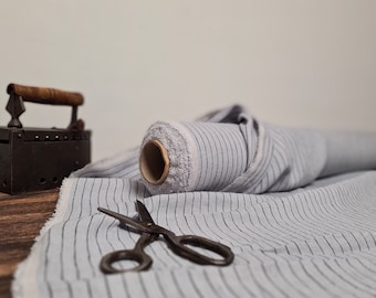 Linen fabric light gray with thin black stripes, Natural fabric by the yard or meter, Washed flax sewing fabrics