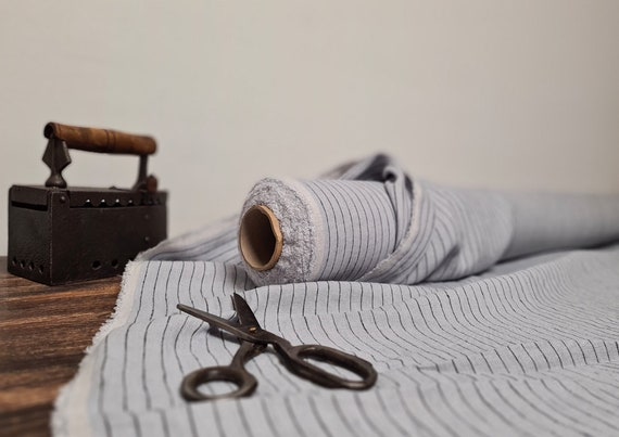 Linen fabric light gray with thin black stripes, Natural fabric by the yard or meter, Washed flax sewing fabrics