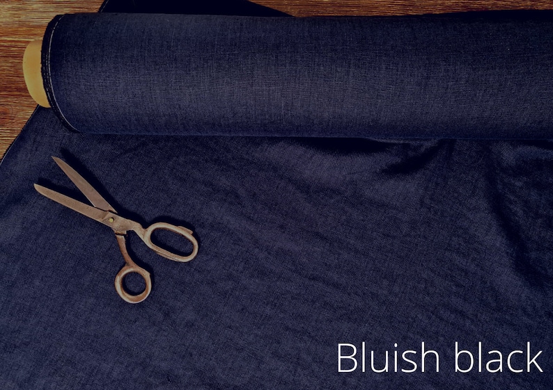 Linen fabric Black, Washed softened linen fabric Fabric by the yard or meter Bluish Black