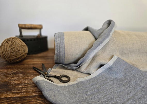 Double sided heavy linen blend fabric blue and natural, Fabric by the yard or meter, Organic flax fabric