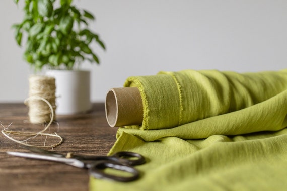 Linen fabric pear green, Linen fabric by the yard or meter, Washed softened linen fabric