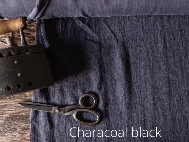 Linen fabric Black, Washed softened linen fabric Fabric by the yard or meter Charcoal Black