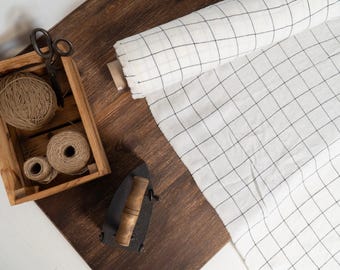 Linen fabric milk white with black checks, Linen fabric checked by the yard or meter, Washed flax for sewing