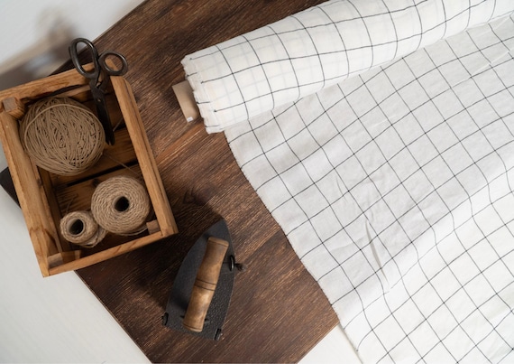 Linen fabric milk white with black checks, Linen fabric checked by the yard or meter, Washed flax for sewing