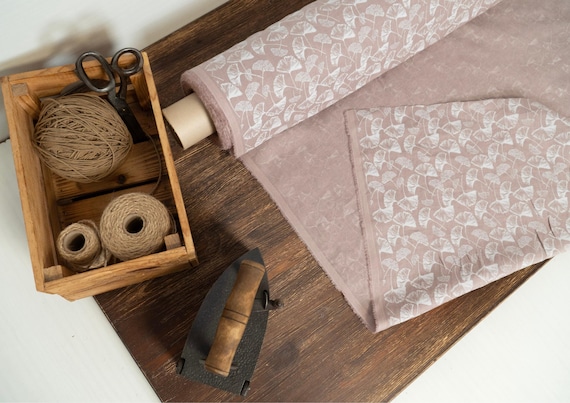 Pastel pink linen fabric with white ginkgo leaves print by yard or meter medium weight 205 gsm 57 inch wide oeko tex