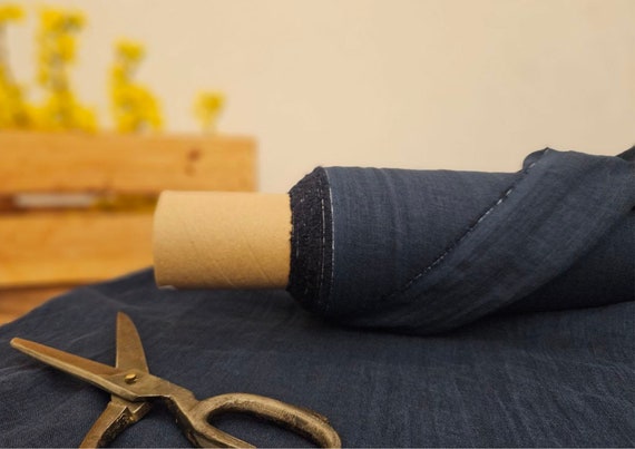 Navy blue thin linen gauze fabric, Pure semi sheer linen fabric, Fabric by the yard or meter
