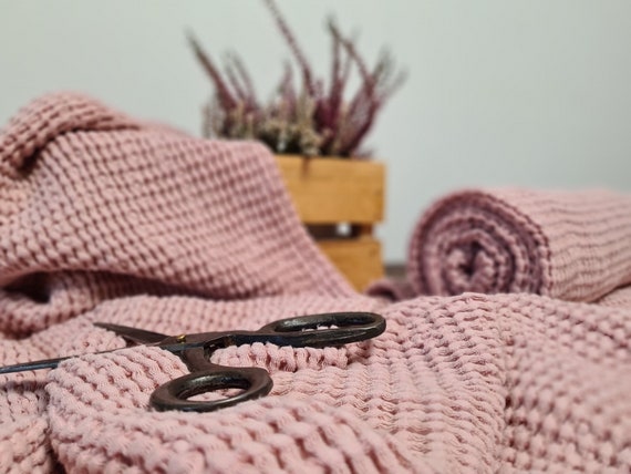 Waffle linen fabric pastel pink, Fabric by the yard or meter, Washed softened flax fabric