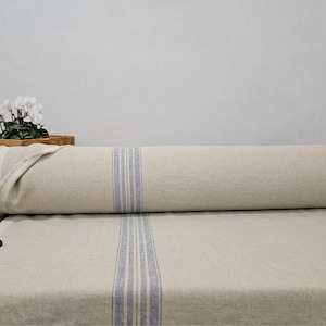 Leinenstoff schwer natur mit blauen Streifen, Naturleinen Stoff Meterware, Gewaschener Bio Flachs