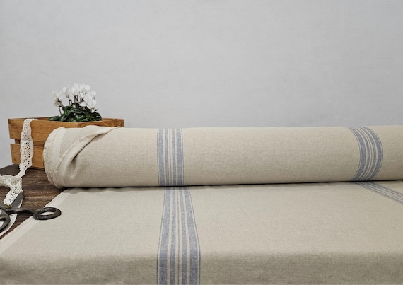 Linen fabric heavy natural with blue stripes, Natural linen fabric by the yard or meter, Washed organic flax