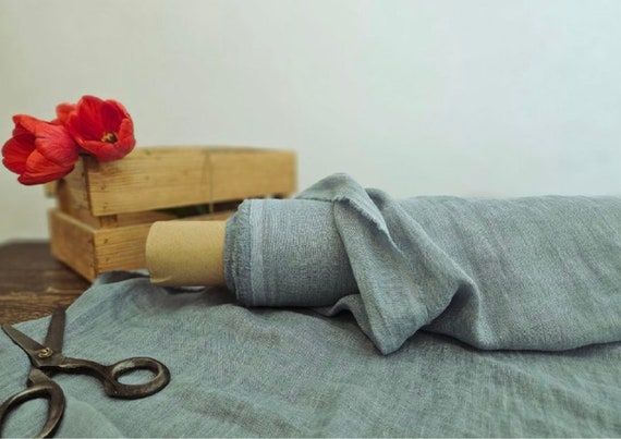 Bluish green thin linen fabric, Lightweight linen fabric, Gauze fabric by the yard or meter