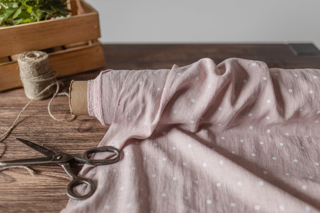 Pink Linen Fabric With Dots, Fabric by the Yard, Baby Pink Linen Fabric