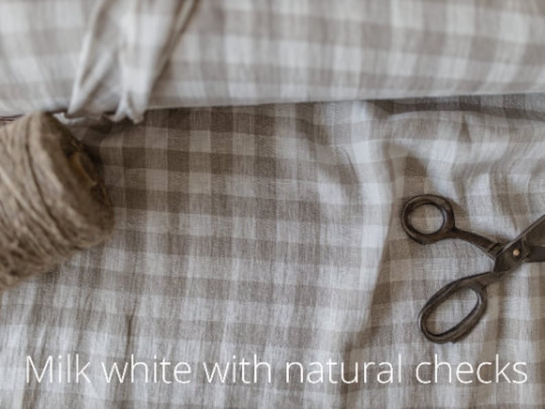 Linen fabric milk white with natural checks, Linen fabric by the yard or meter, Checked flax for sewing image 4