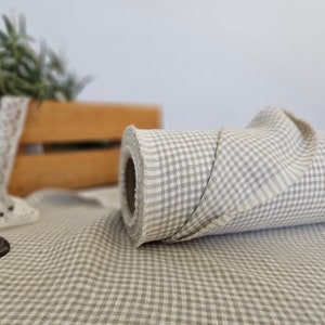 Linen fabric natural undyed with milk white checks, Linen fabric by the yard or meter, Checked flax for sewing