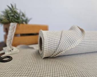 Linen fabric natural undyed with milk white checks, Linen fabric by the yard or meter, Checked flax for sewing