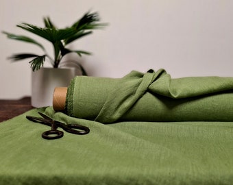 Linen fabric apple green, Softened fabric by the yard or meter, Washed flax fabric