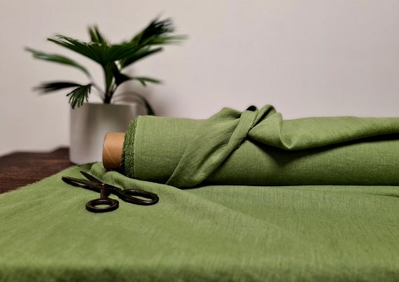 Linen fabric apple green, Softened fabric by the yard or meter, Washed flax fabric