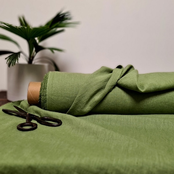 Linen fabric apple green, Softened fabric by the yard or meter, Washed flax fabric