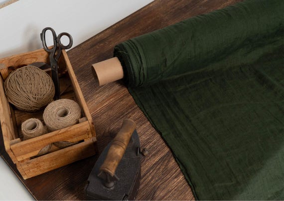 Linen fabric pine green thin gauze, Cheesecloth lightweight linen fabric, Fabric by the yard or meter