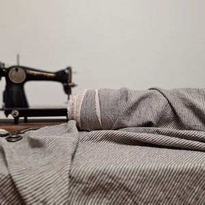 natural with black white striped linen blend fabric texture,  linen material for curtains and clothing, 145 cm wide (57 inches), medium weight, sold by length from 0.5 m or 0.5 yard