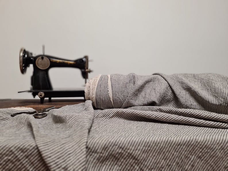 natural with black white striped linen blend fabric texture,  linen material for curtains and clothing, 145 cm wide (57 inches), medium weight, sold by length from 0.5 m or 0.5 yard