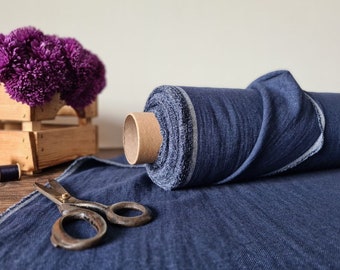 Denim blue linen fabric with wool, Fabric by the yard or meter, washed linen fabric