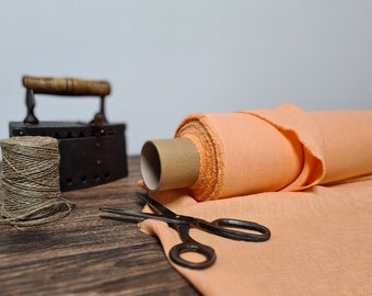 Peach orange linen fabric, Softened flax fabric by the yard or meter,  Natural washed linen fabric