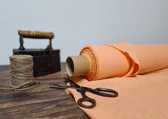 Peach orange linen fabric, Softened flax fabric by the yard or meter,  Natural washed linen fabric