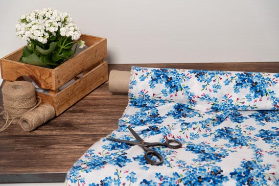White with blue floral printed linen blend fabric, Fabric by the yard or meter