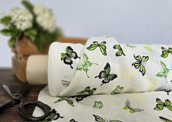 Linen fabric milk white with printed green butterflies, Printed linen fabric by the yard or meter