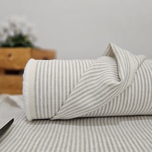Tessuto di lino bianco latte medio con strisce beige, Tessuto di lino naturale tagliato su misura, Lino biologico lavato