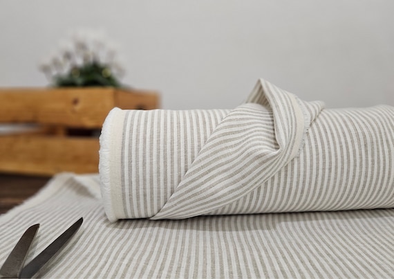 Linen fabric medium milk white with beige stripes, Natural linen fabric by the yard, Washed organic flax
