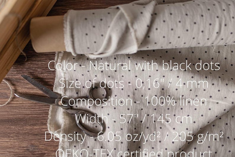 Natural linen fabric with polka dots, Fabric by the yard, Softened linen fabric, Washed linen fabrics, Natural linen fabric, Sewing fabric image 2