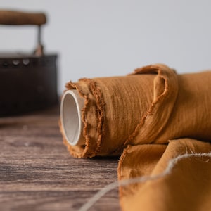 Linen fabric cinnamon brown, Orange brown softened fabric, Fabric by the yard or meter